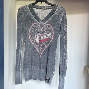 Affliction Gray and Red Heart Graphic Sweater